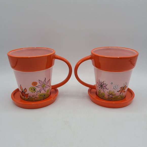 Starbucks 2006 Orange Spring Flower Planter Mugs and Saucers Set of 2 - Picture 4 of 9